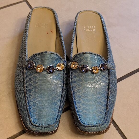 Stuart Weitzman Jeweled Blue Snakeskin Mules Open Back Slides Loafer Size 10 - Picture 2 of 10